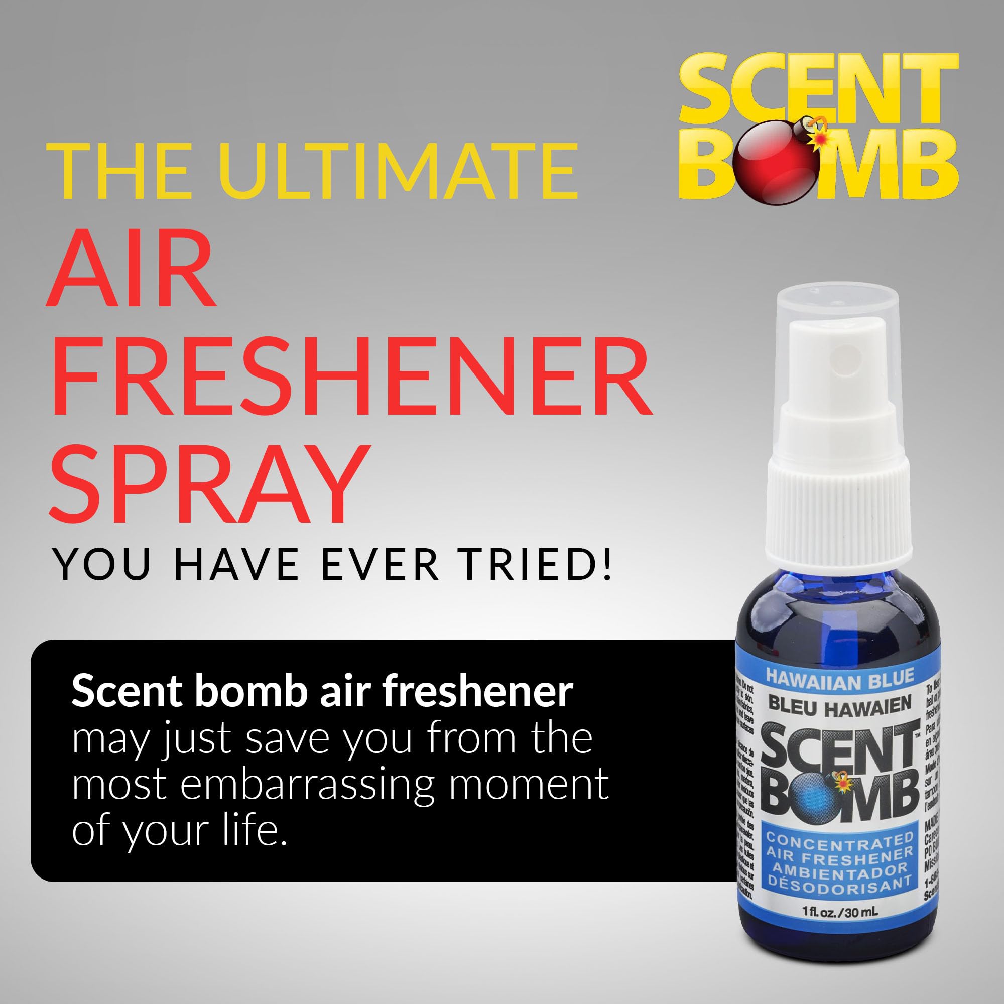 Scent Bomb Hawaiian Blue mist release enhances spaces with lasting fragrance.