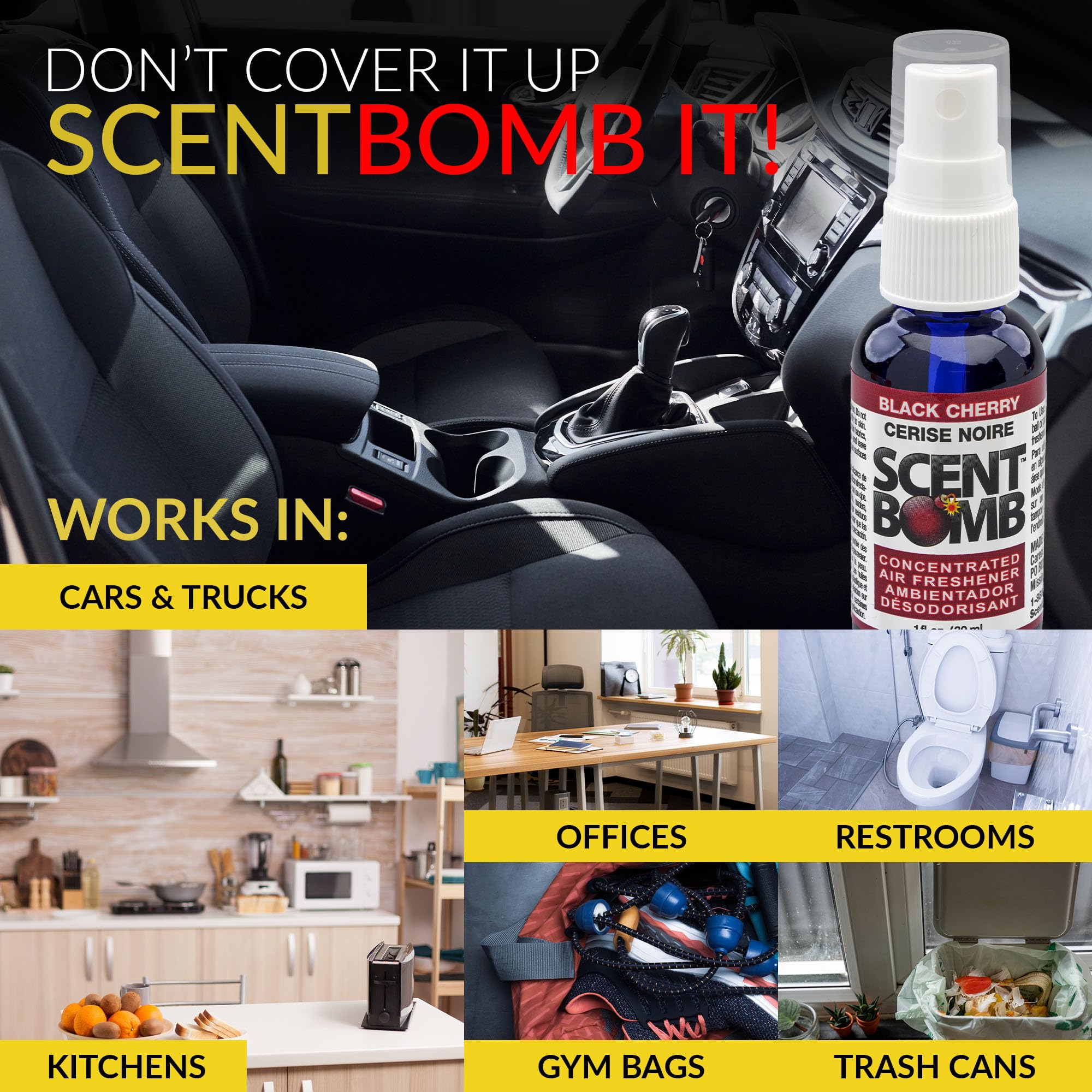 Scent Bomb car vent application demonstrates portable odor control on the go.