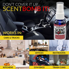 Scent Bomb car vent application demonstrates portable odor control on the go.