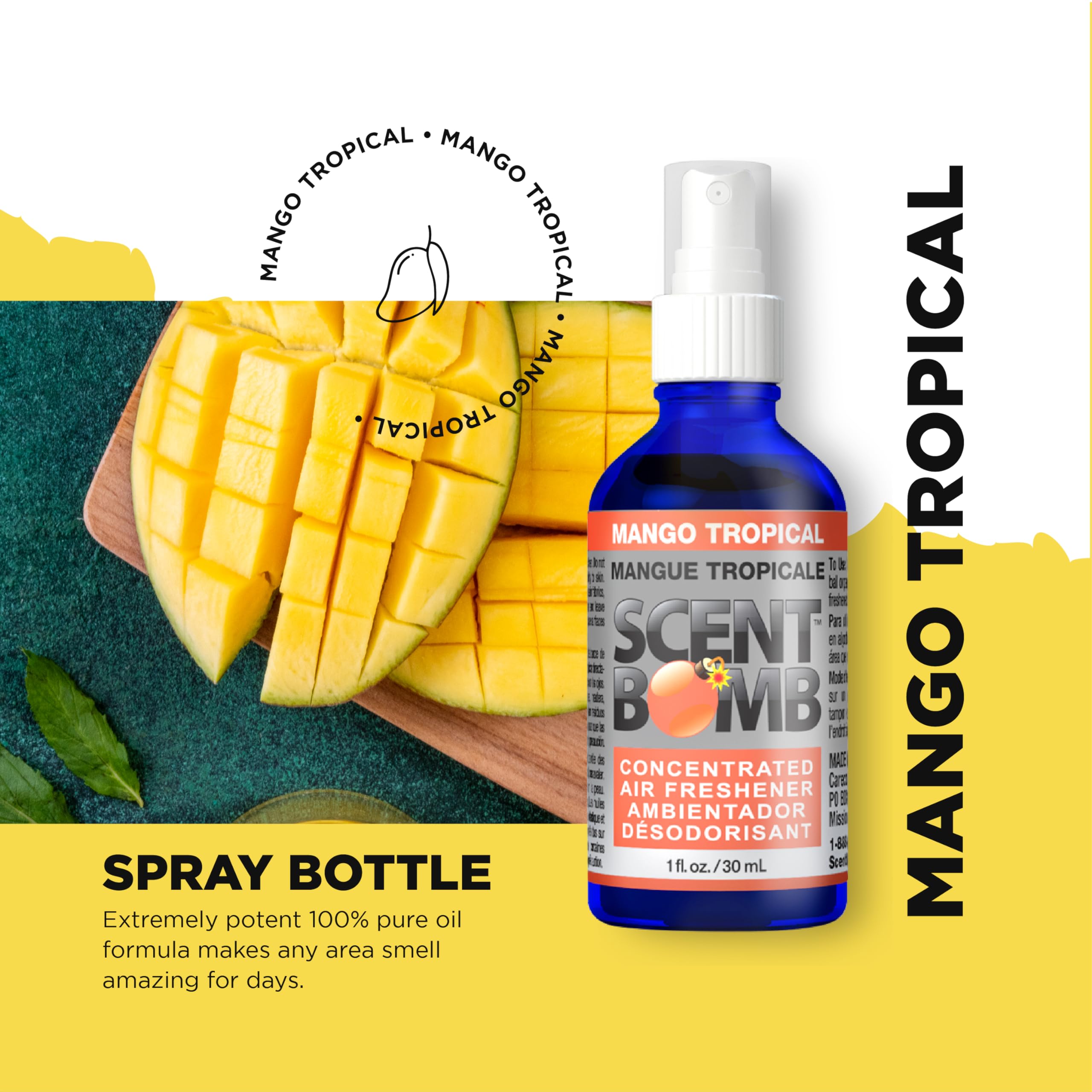 Scent Bomb Mango Tropical bottle in glass shows sleek design for home use.