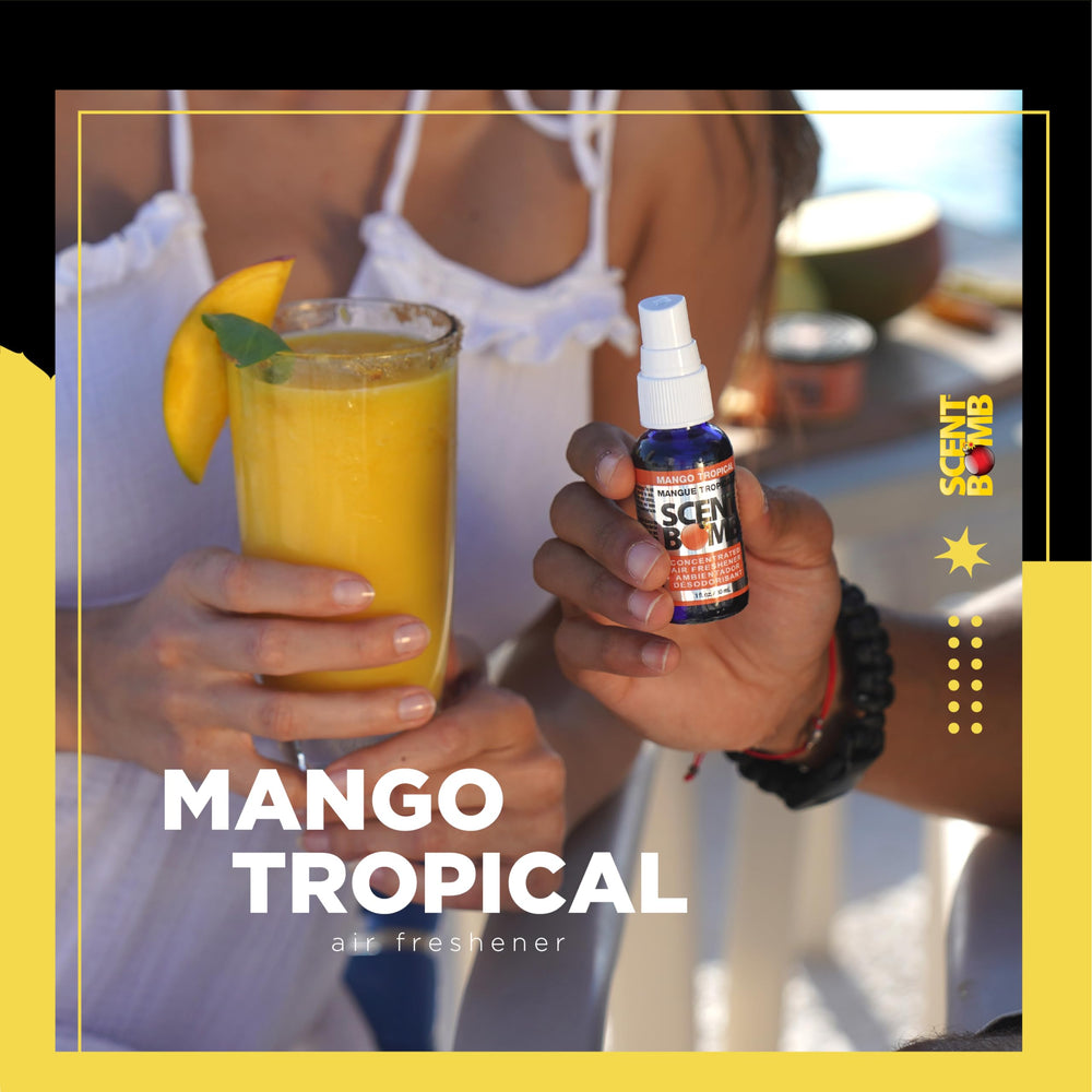 Scent Bomb Mango Tropical spray action captures odors with a refreshing burst.