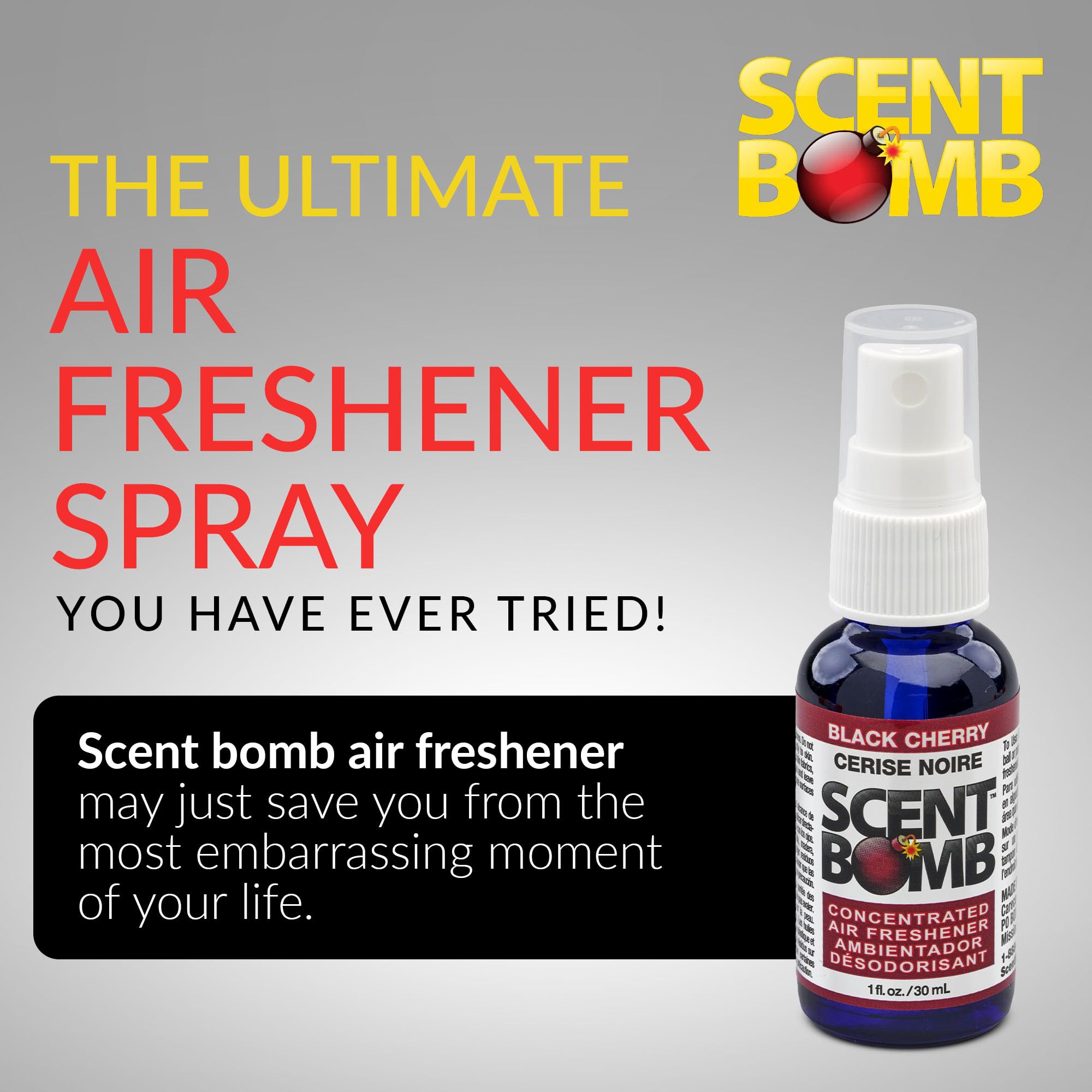 Scent Bomb 4-pack packaging highlighting long-lasting odor elimination for home and car.