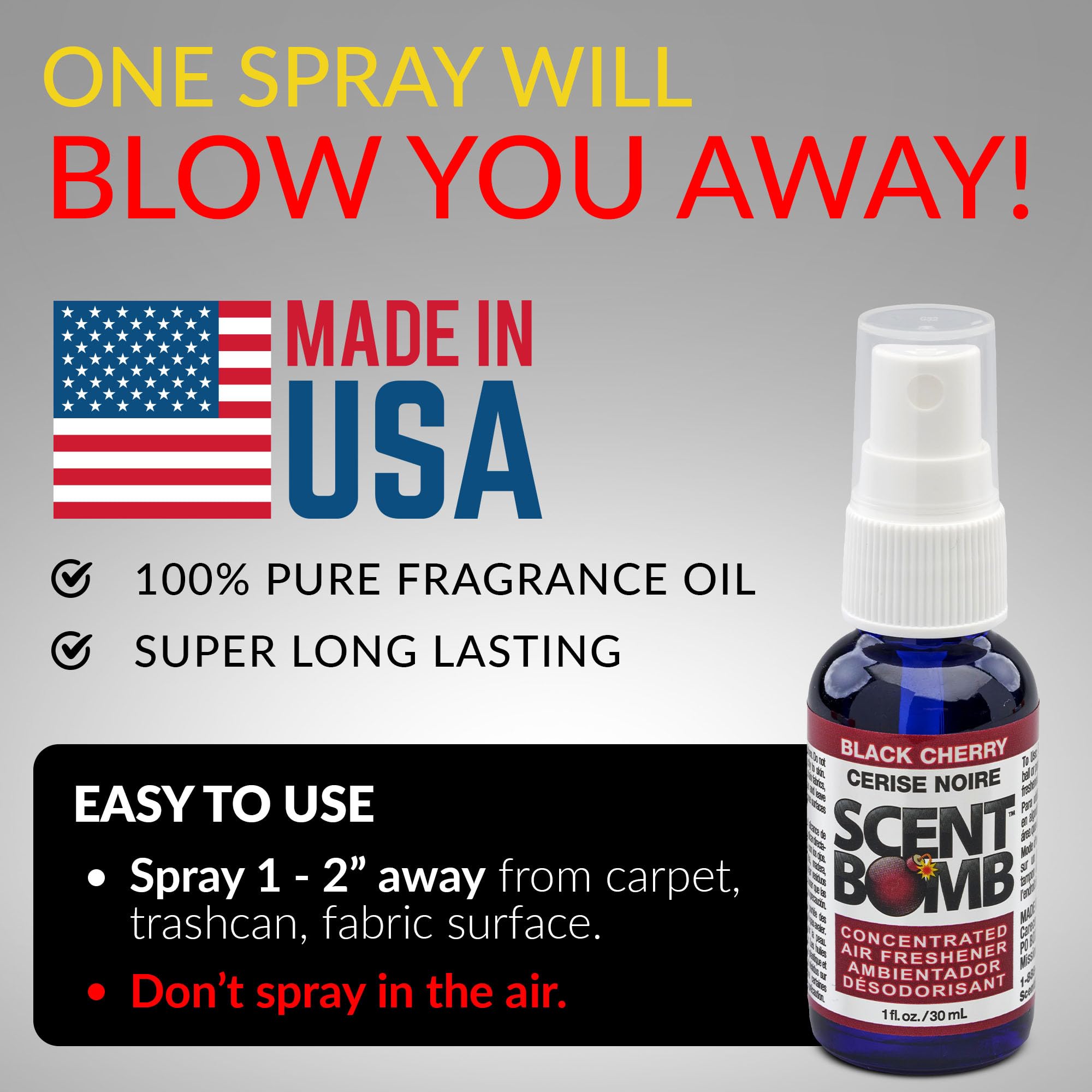 Scent Bomb spray nozzle closeup showing easy mist for quick freshness.