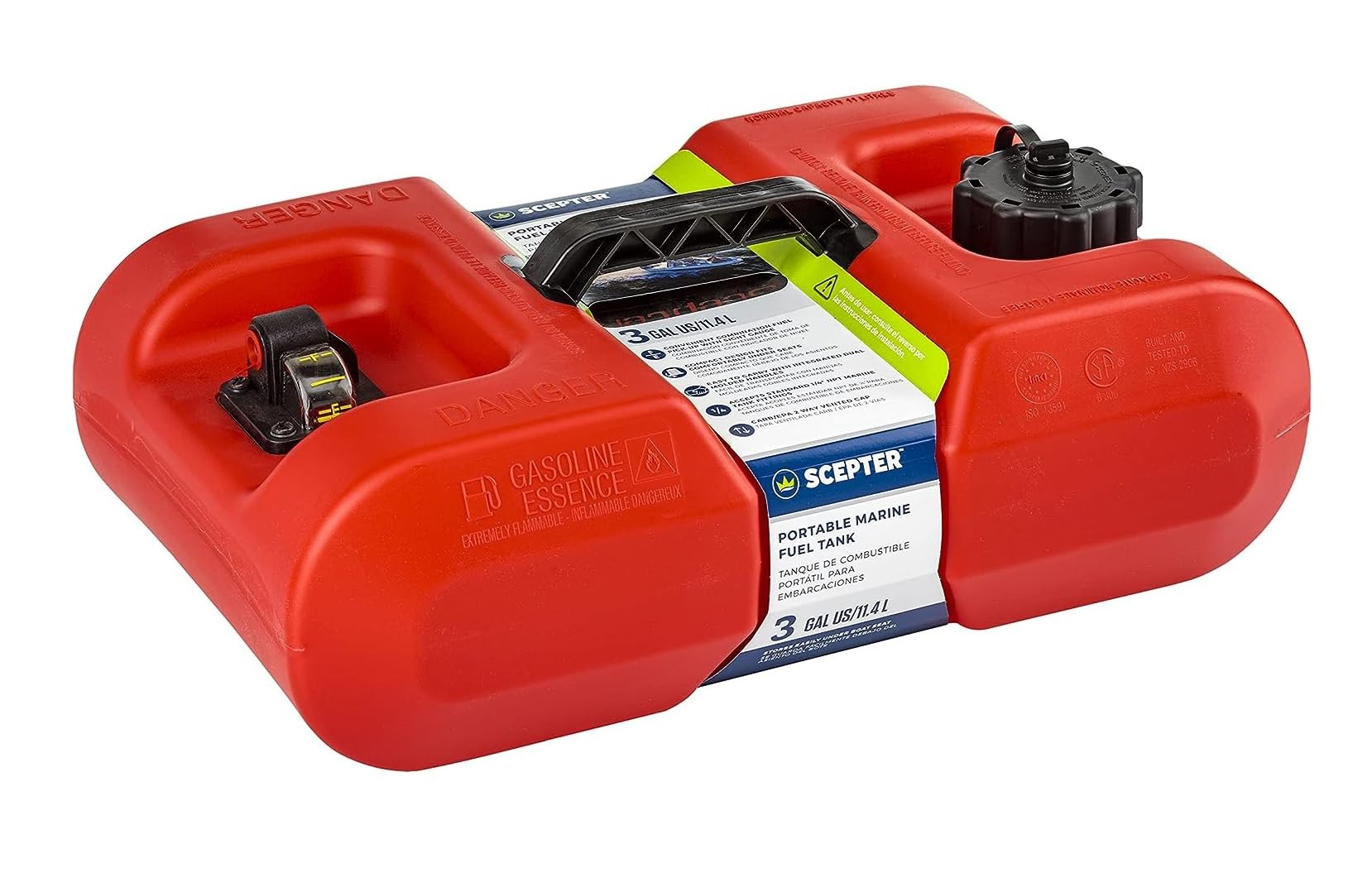 Scepter 3-gallon marine fuel tank with top handle for easy transport on dock and boat