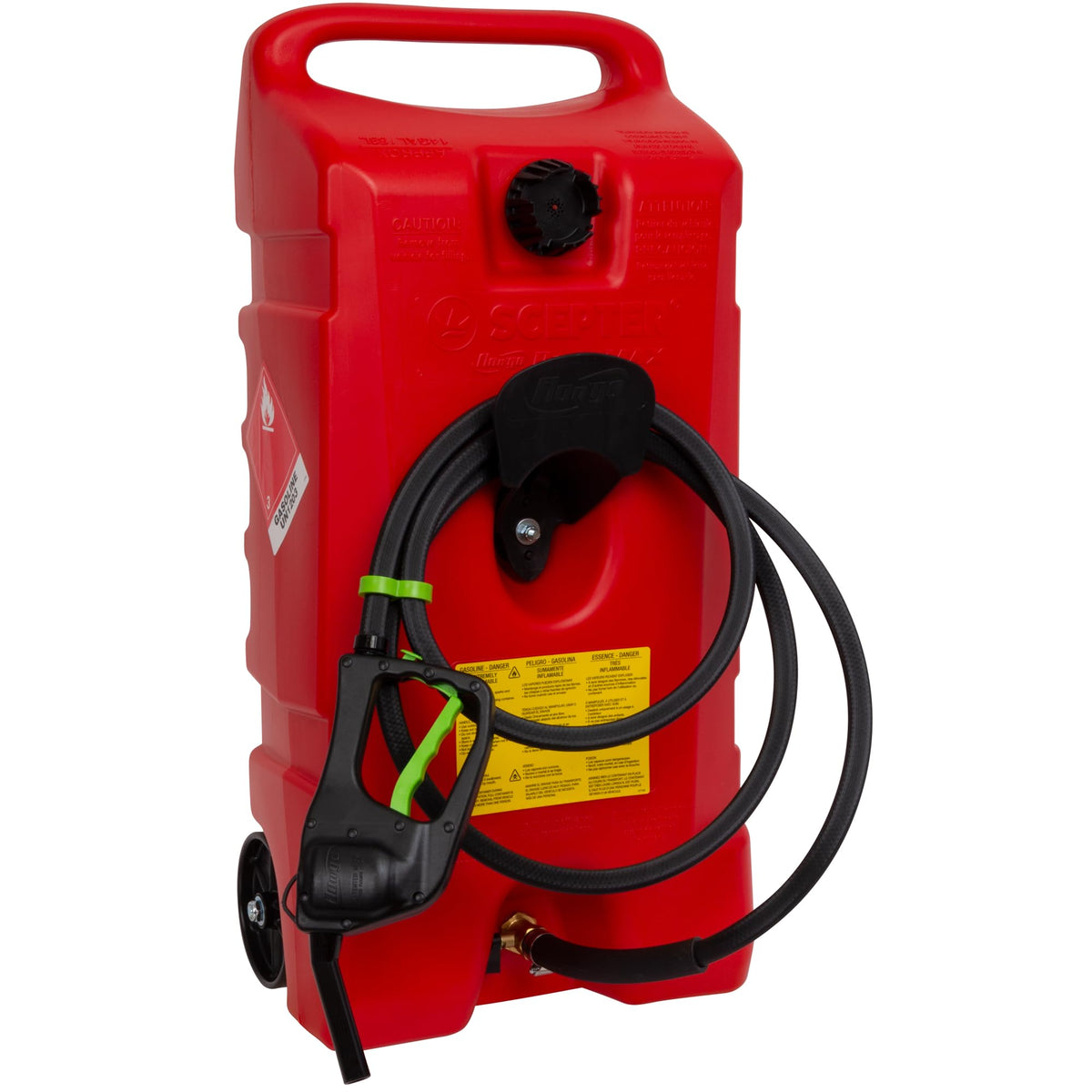 Scepter Duramax Flo N Go 14-gallon capacity enables quick on-site fueling.