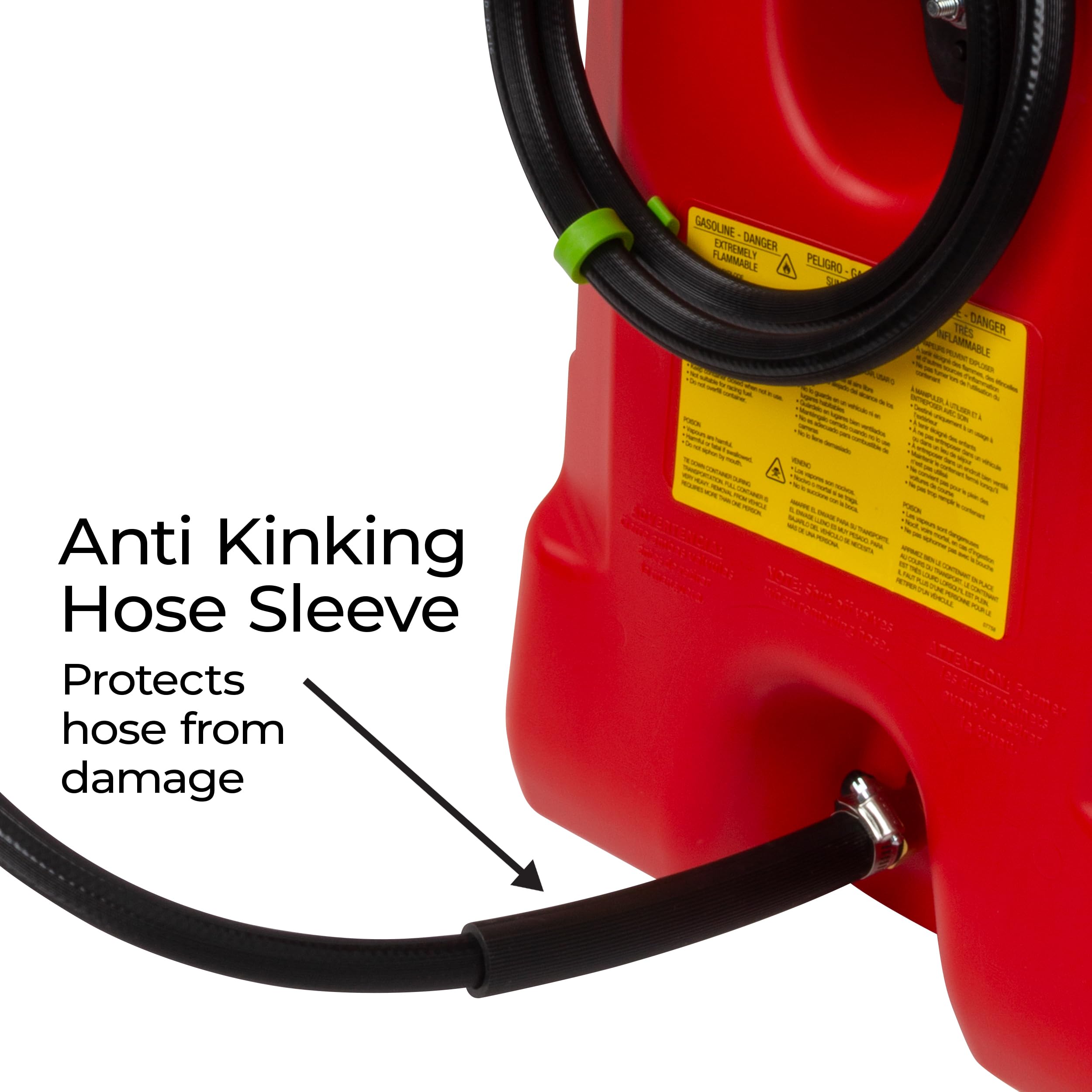Anti-kink hose sleeve protects the fuel line during use.