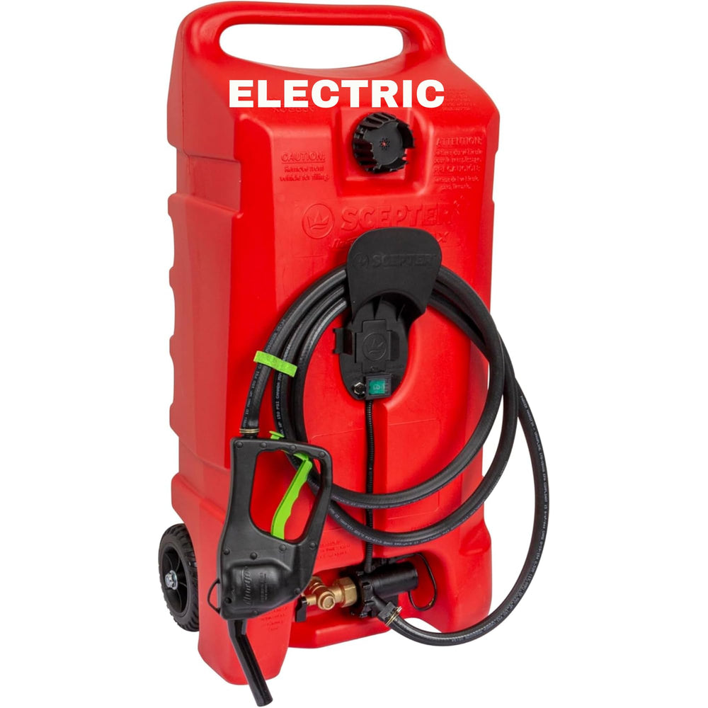 Scepter Flo 'N Go 14-gallon gas caddy with pump and hose for quick transfers.