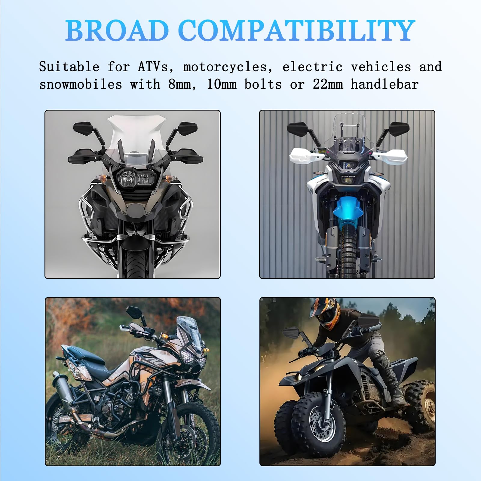 Scerymo Adventure Mirrors provide broad compatibility across bikes, ATVs, dirt bikes, and more.