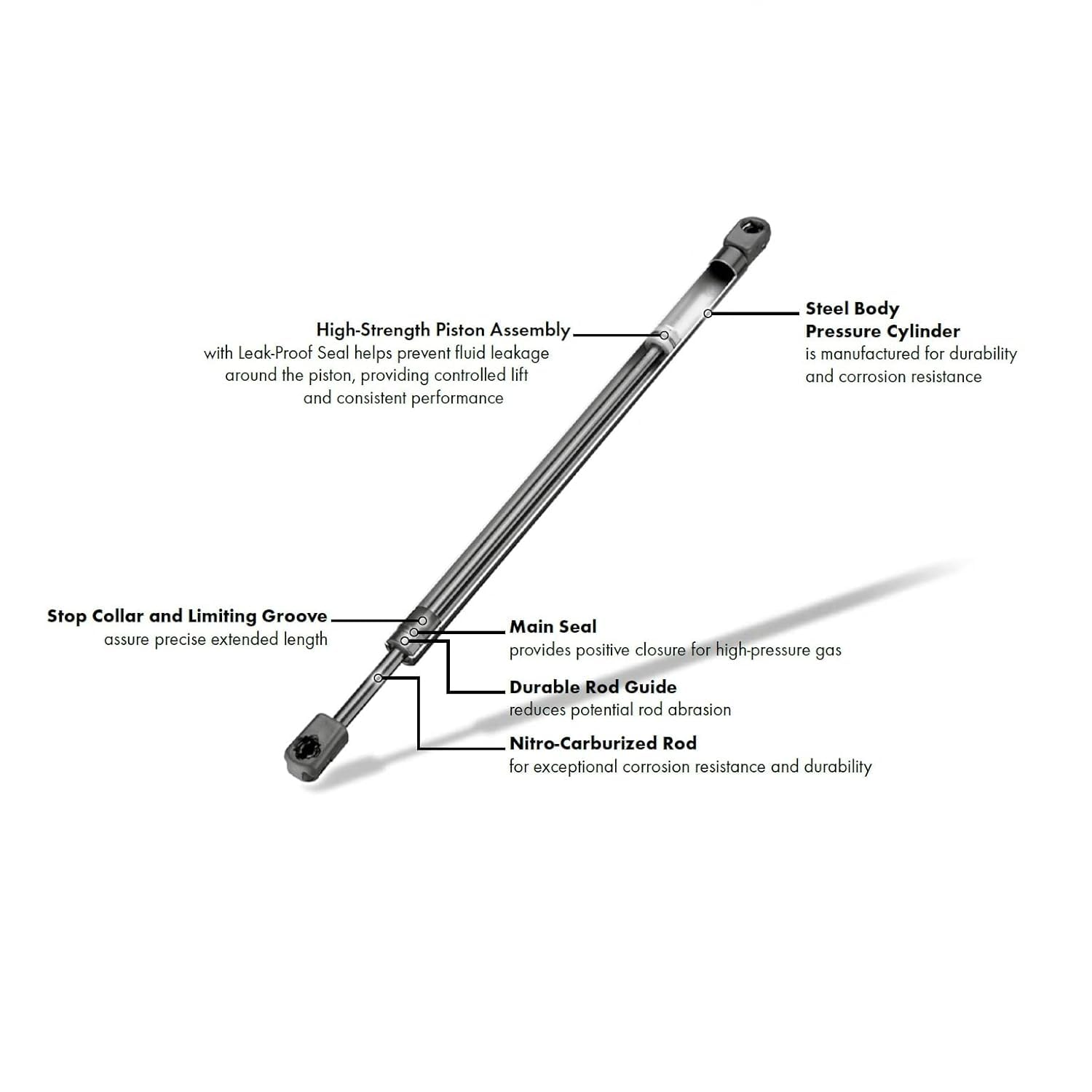 SCHNORKEL hood lift piston close-up showing rust-resistant rod design