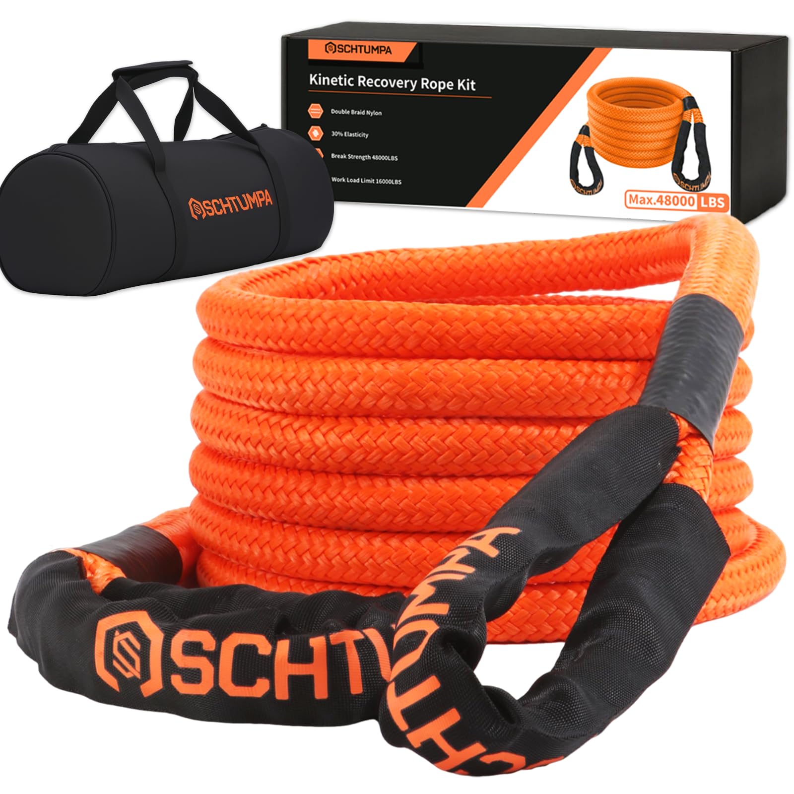SCHTUMPA kinetic recovery rope, 1in-30ft, ready for heavy-duty off-road towing.