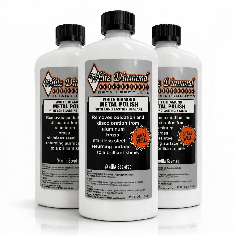 Schultz White Diamond metal polish on stainless steel for lasting shine and protection.