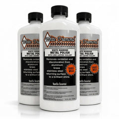 Schultz White Diamond metal polish on stainless steel for lasting shine and protection.
