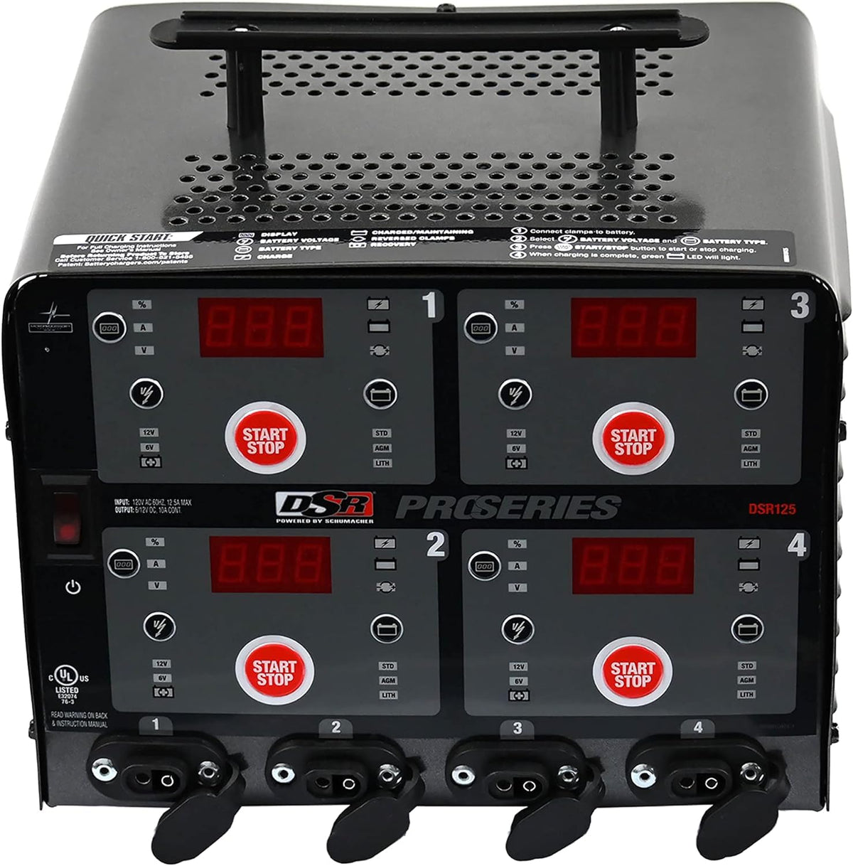 Schumacher DSR125 front view showing four independent charging banks and status LEDs