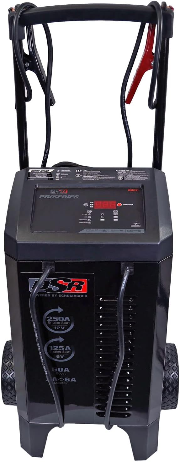Schumacher DSR131 heavy-duty wheel charger on rugged case enables portable power.