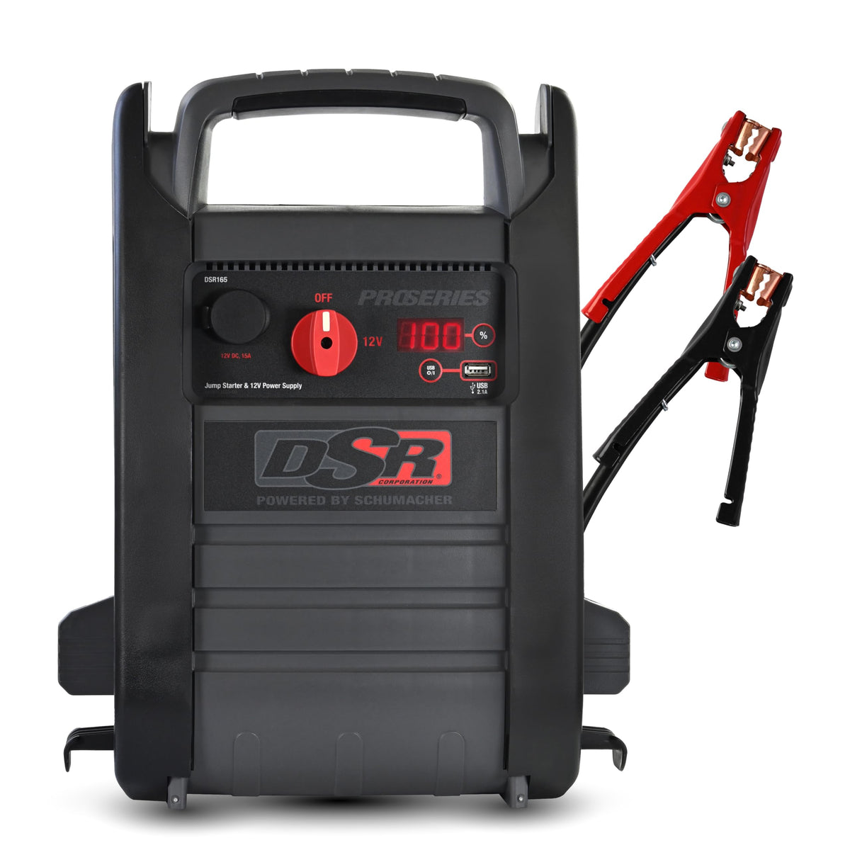 Schumacher DSR165 digital display shows battery status for quick on-site decisions.