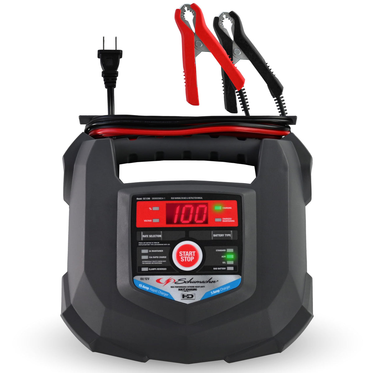 Schumacher Electric SC1280 front view highlights 15A charging for cars.