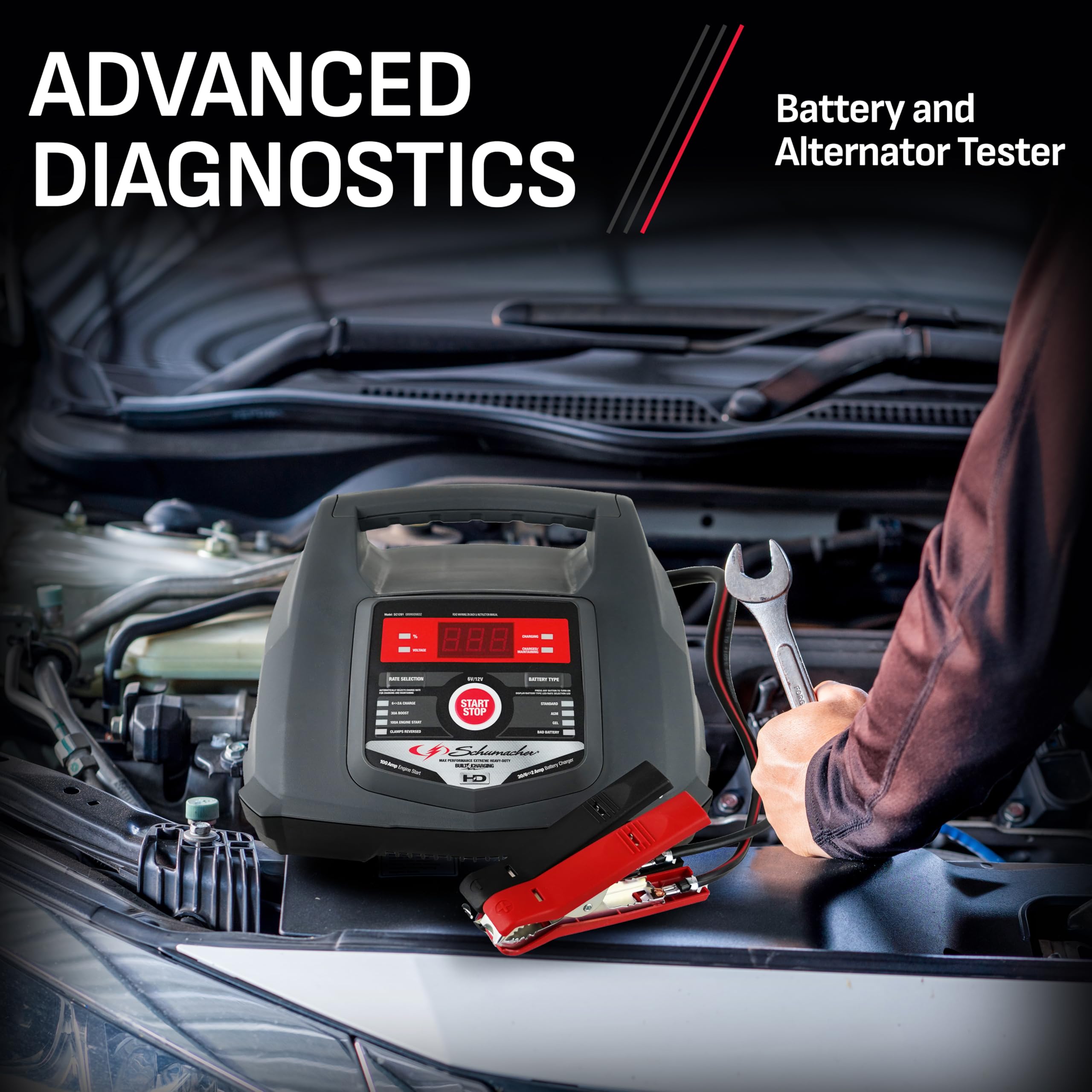 Schumacher Electric SC1281 built-in battery and alternator tester simplifies diagnostics.