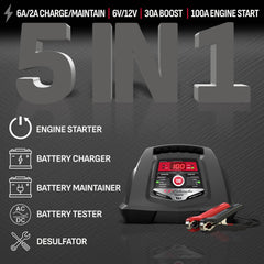 Schumacher Electric SC1281 boost charging shows 30A to 12A range for faster top-ups.