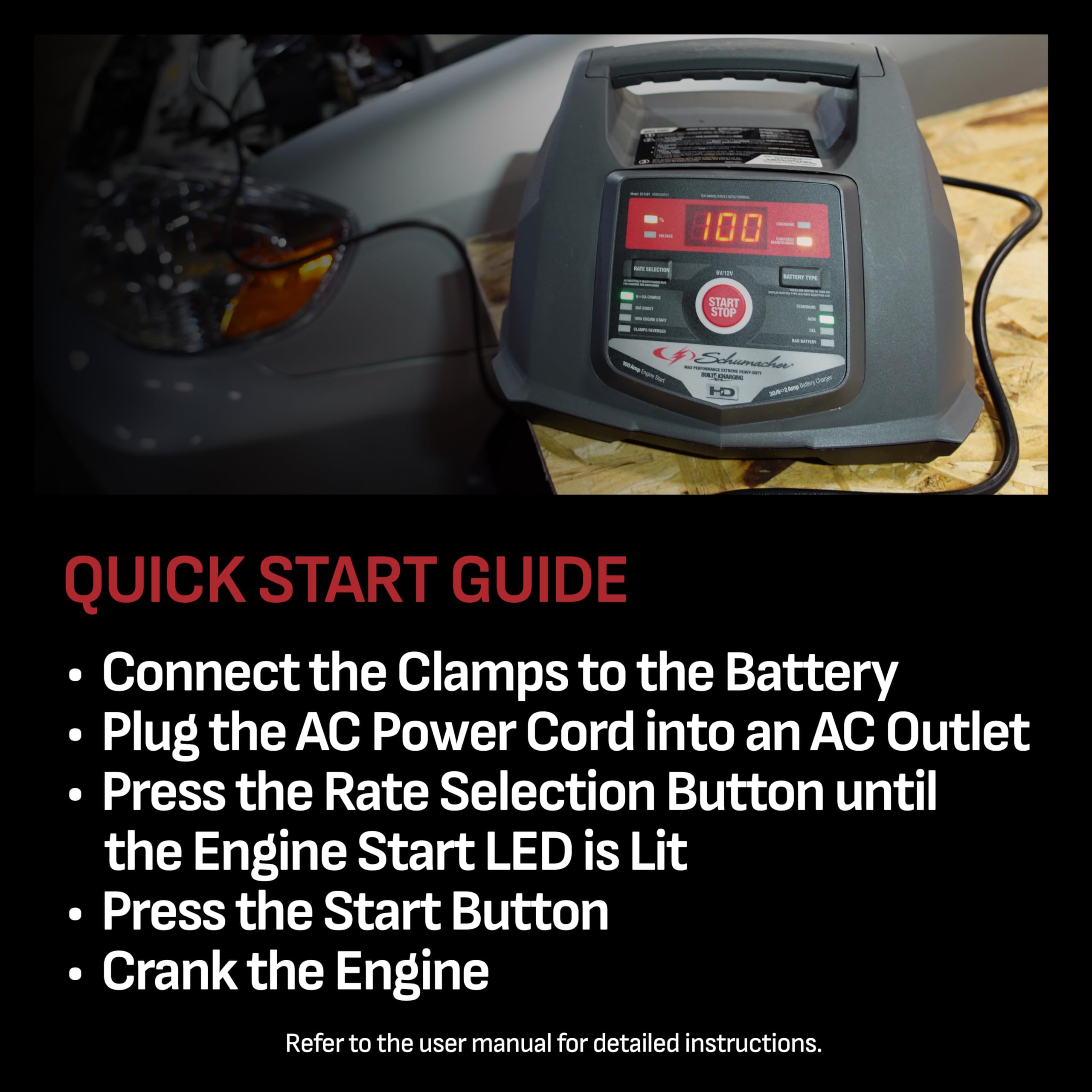 Schumacher Electric SC1281 maintaining battery with smart trickle charge for safe long-term storage.
