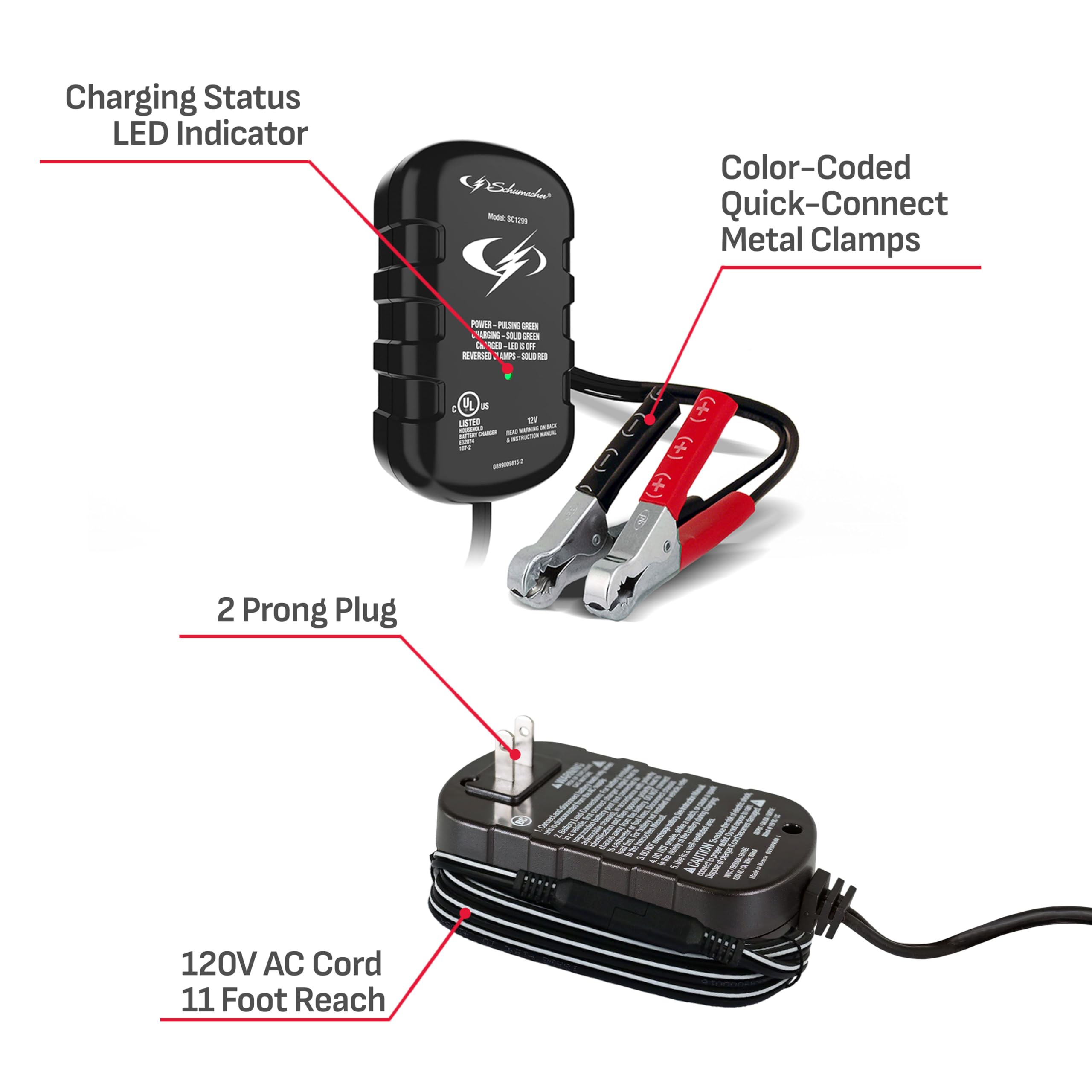 SC1299 AC-powered charger plugged in for continuous maintenance.
