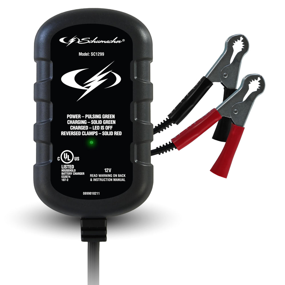 Schumacher Electric SC1299 battery charger setup for 12V maintenance.