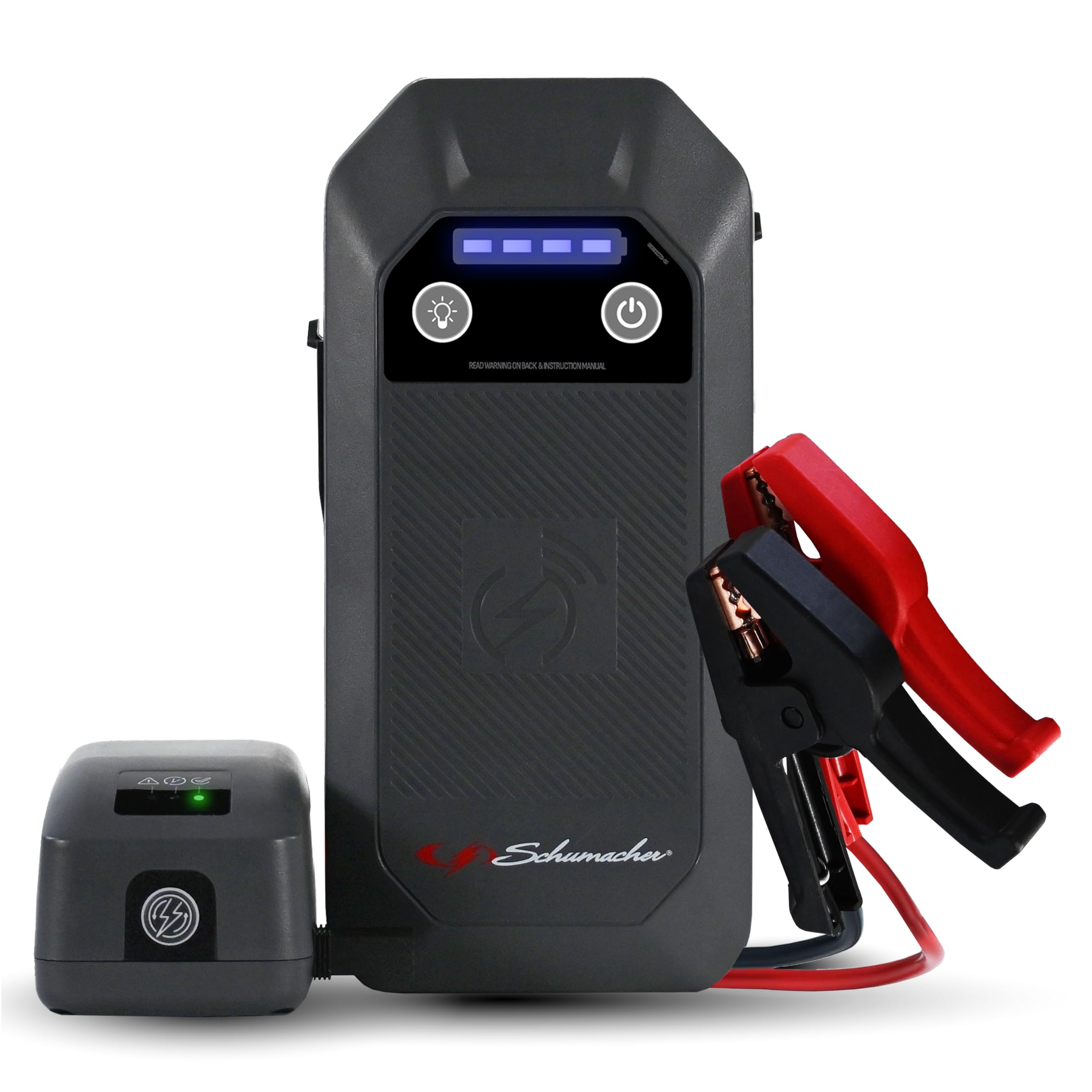 Schumacher Electric SL1672 front view shows a compact jump starter for roadside starts.