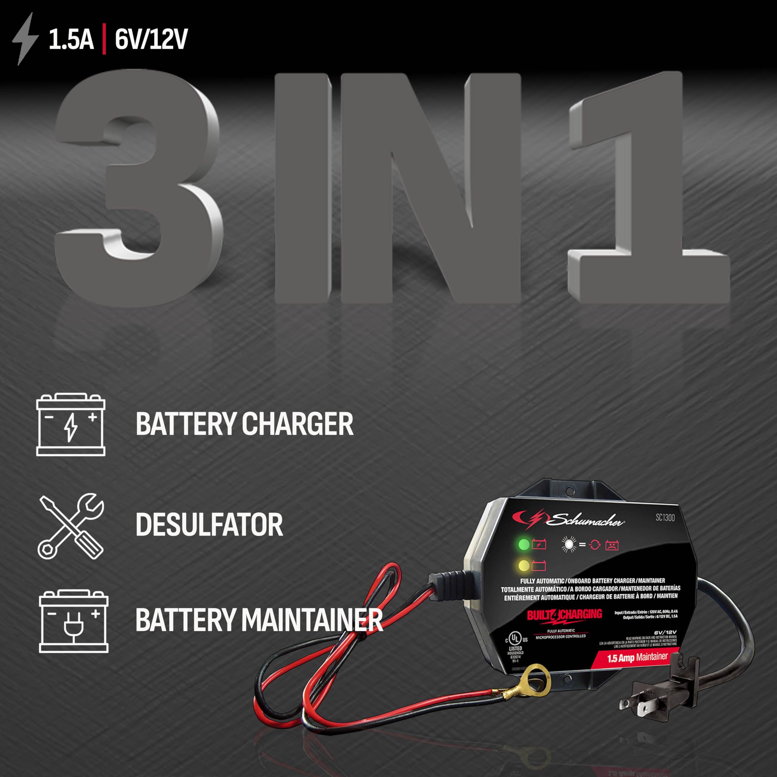 Schumacher SC1300 side view charger showing compact design suitable for tight spaces.