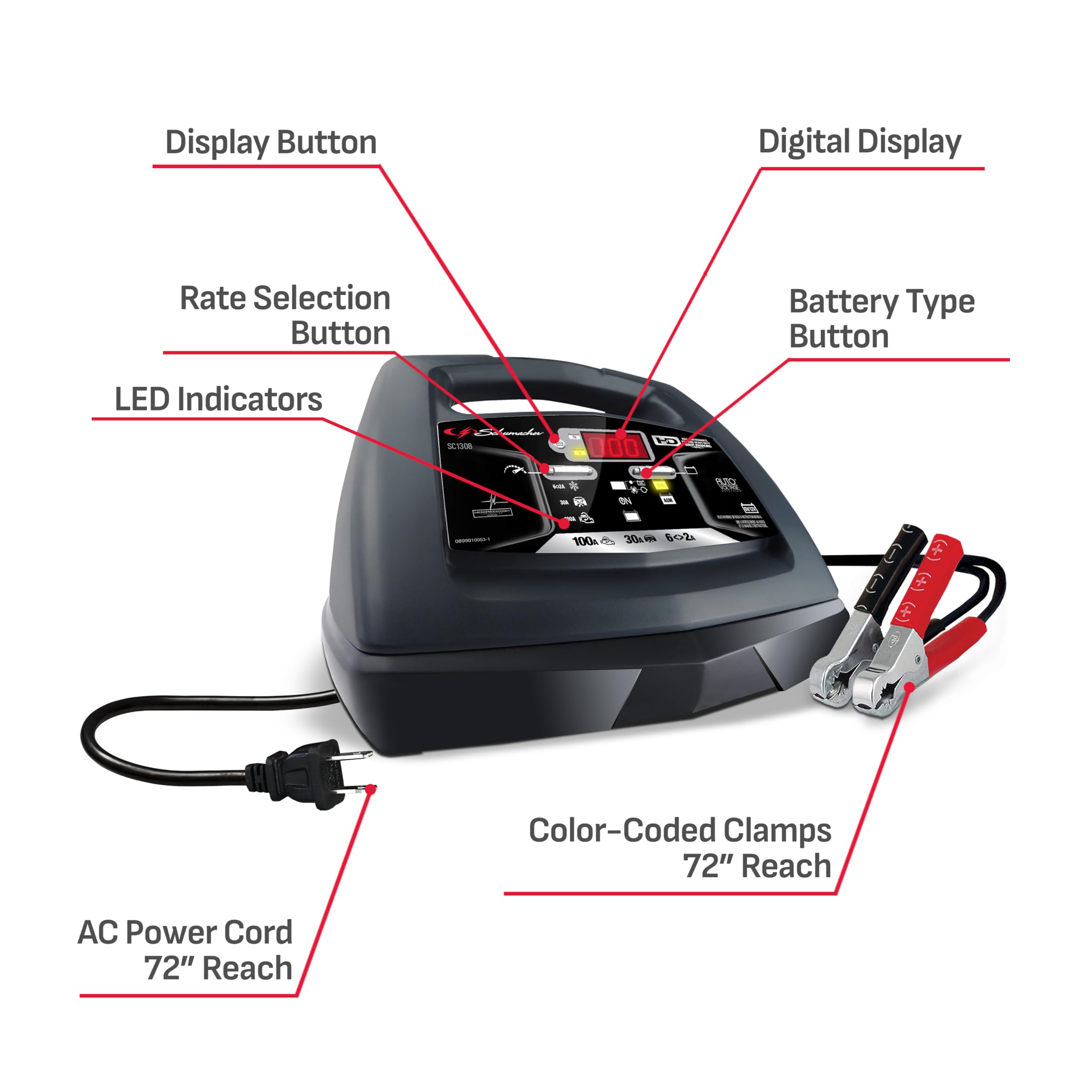 Built-in battery and alternator tester for quick health checks.