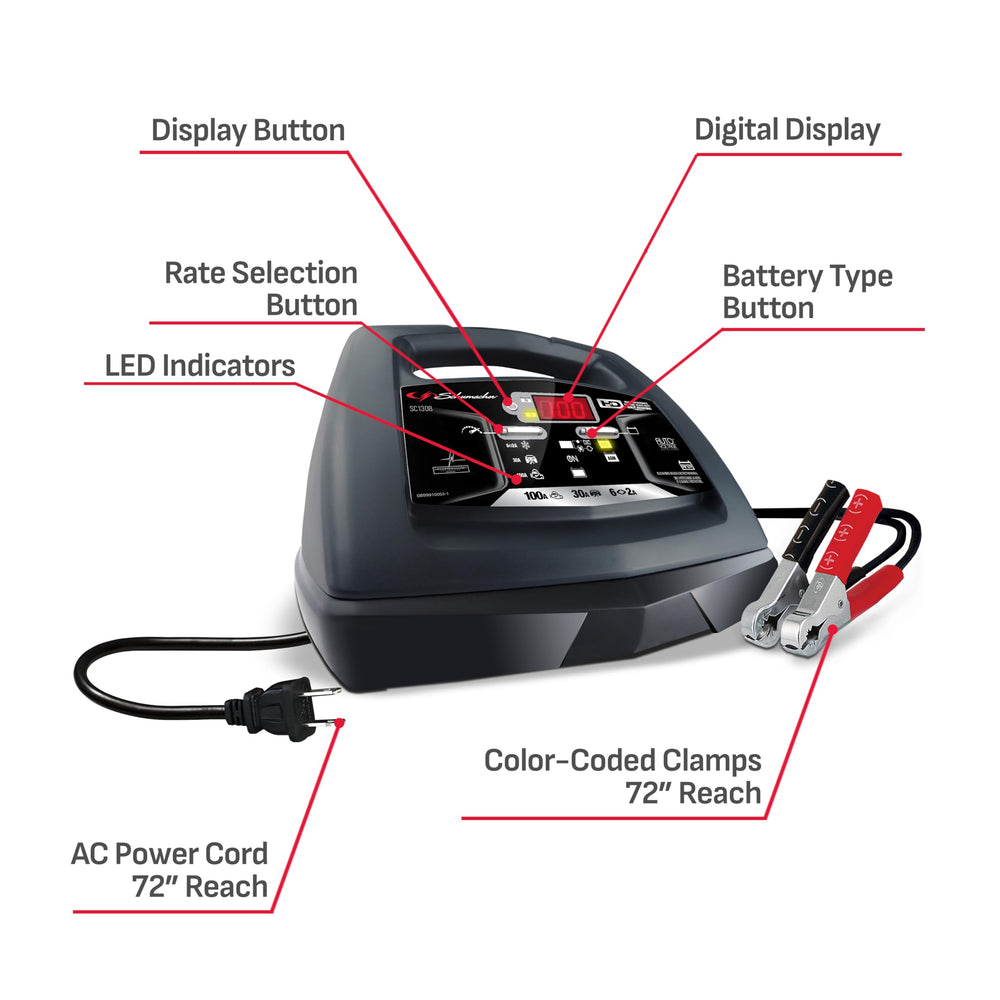 Built-in battery and alternator tester for quick health checks.