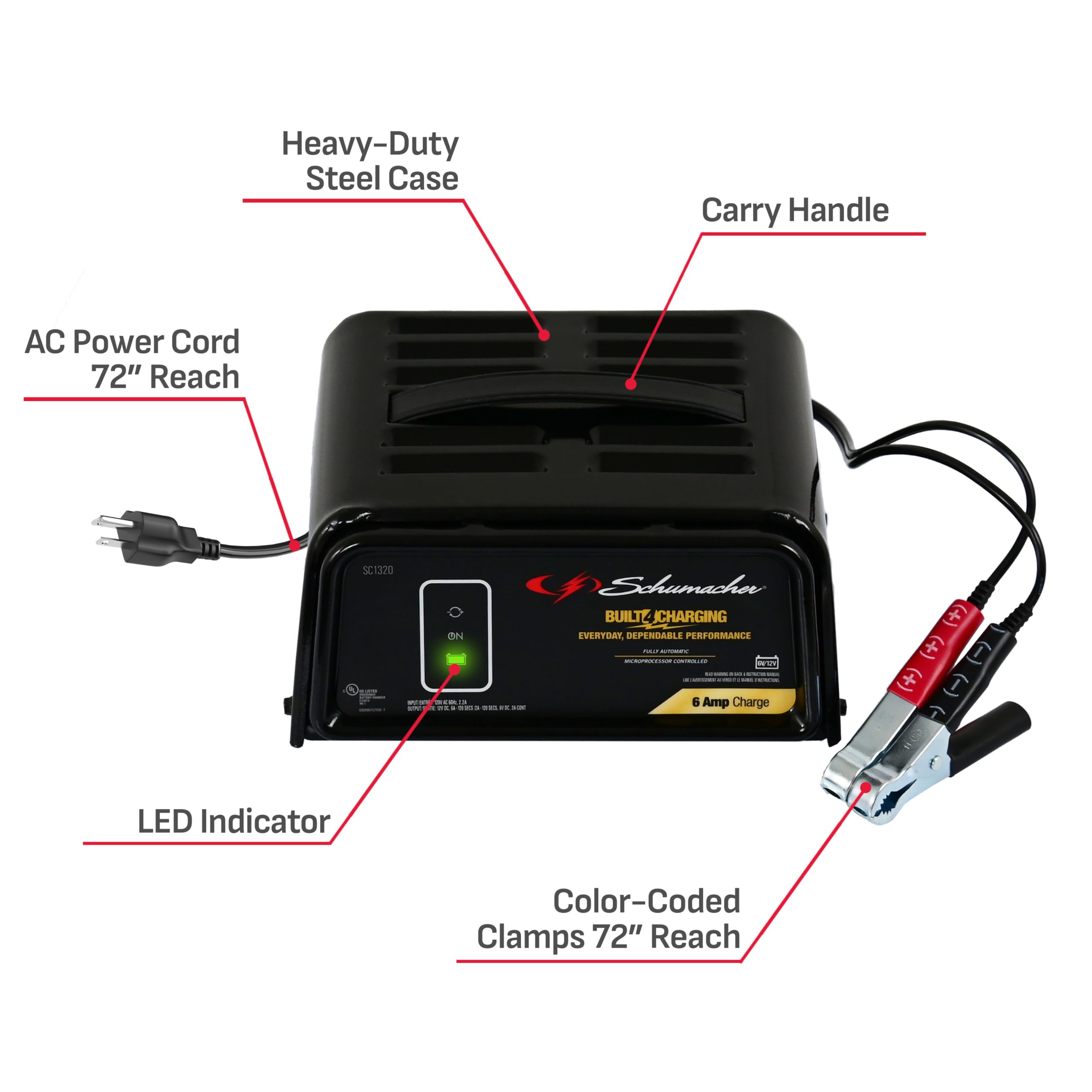 SC1320 shows 6-foot power cord and booster cables for easy setup