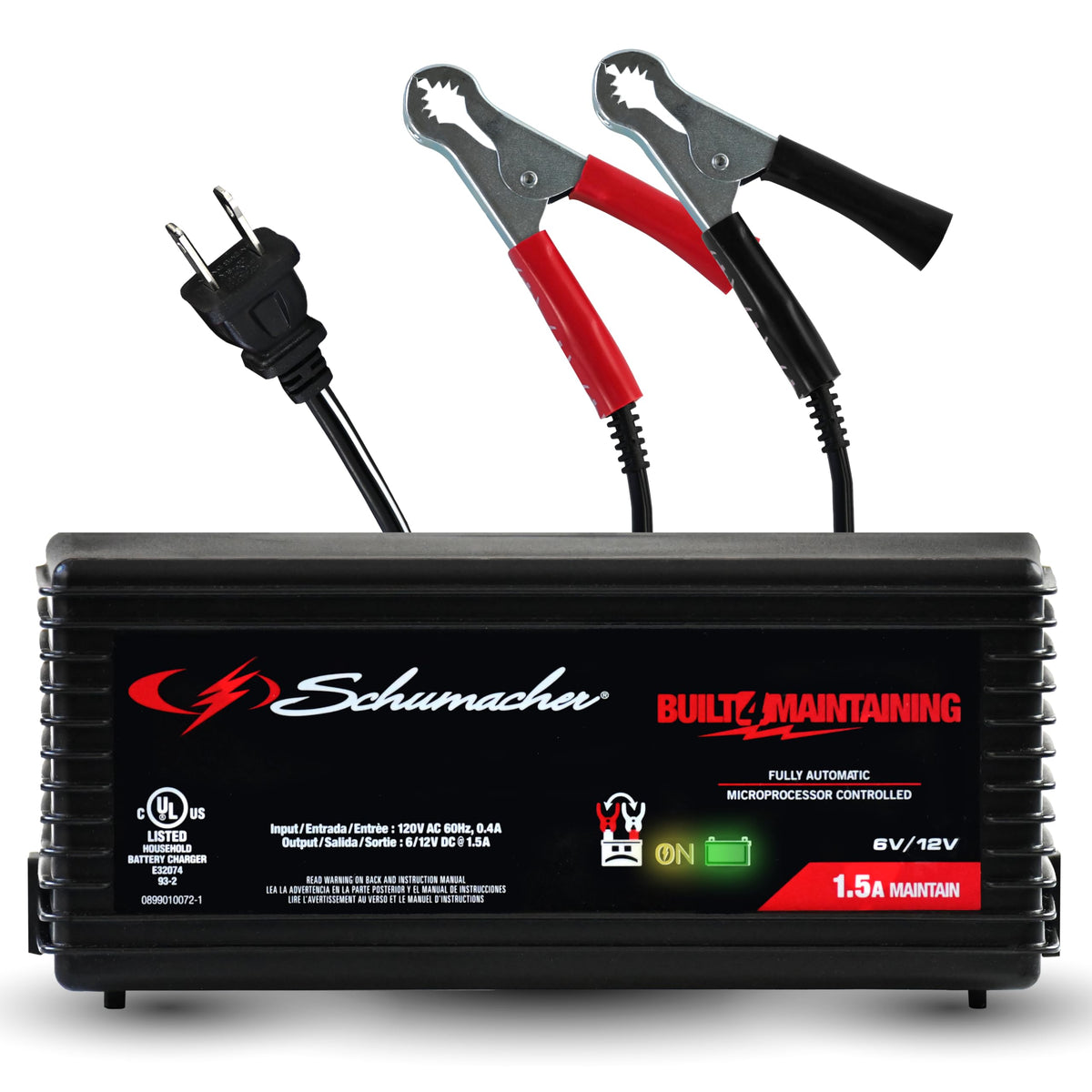 Schumacher SC1355 battery charger setup with quick-connect clamps for easy garage use.