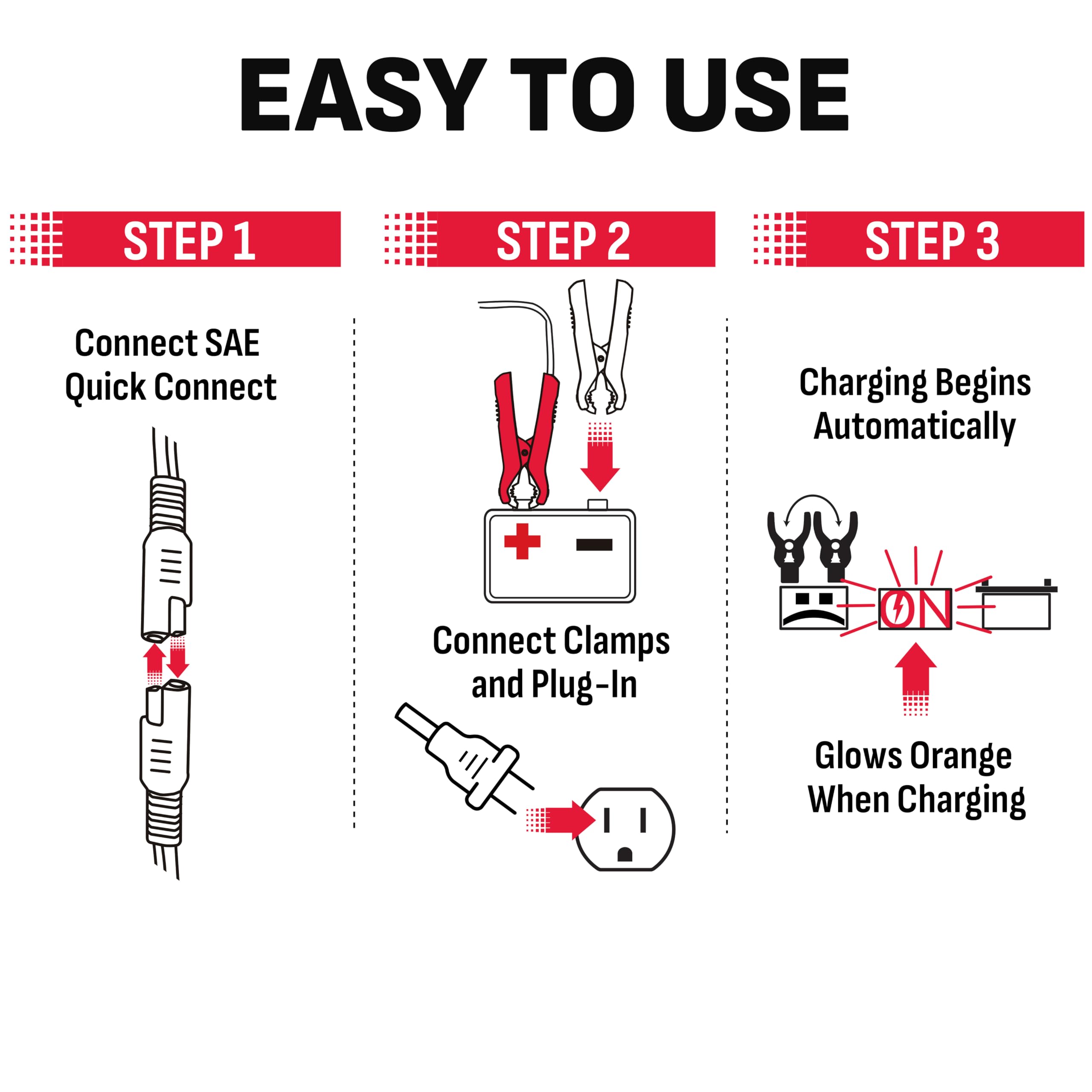 Schumacher SC1355 quick-connect clamps and ring connectors included.