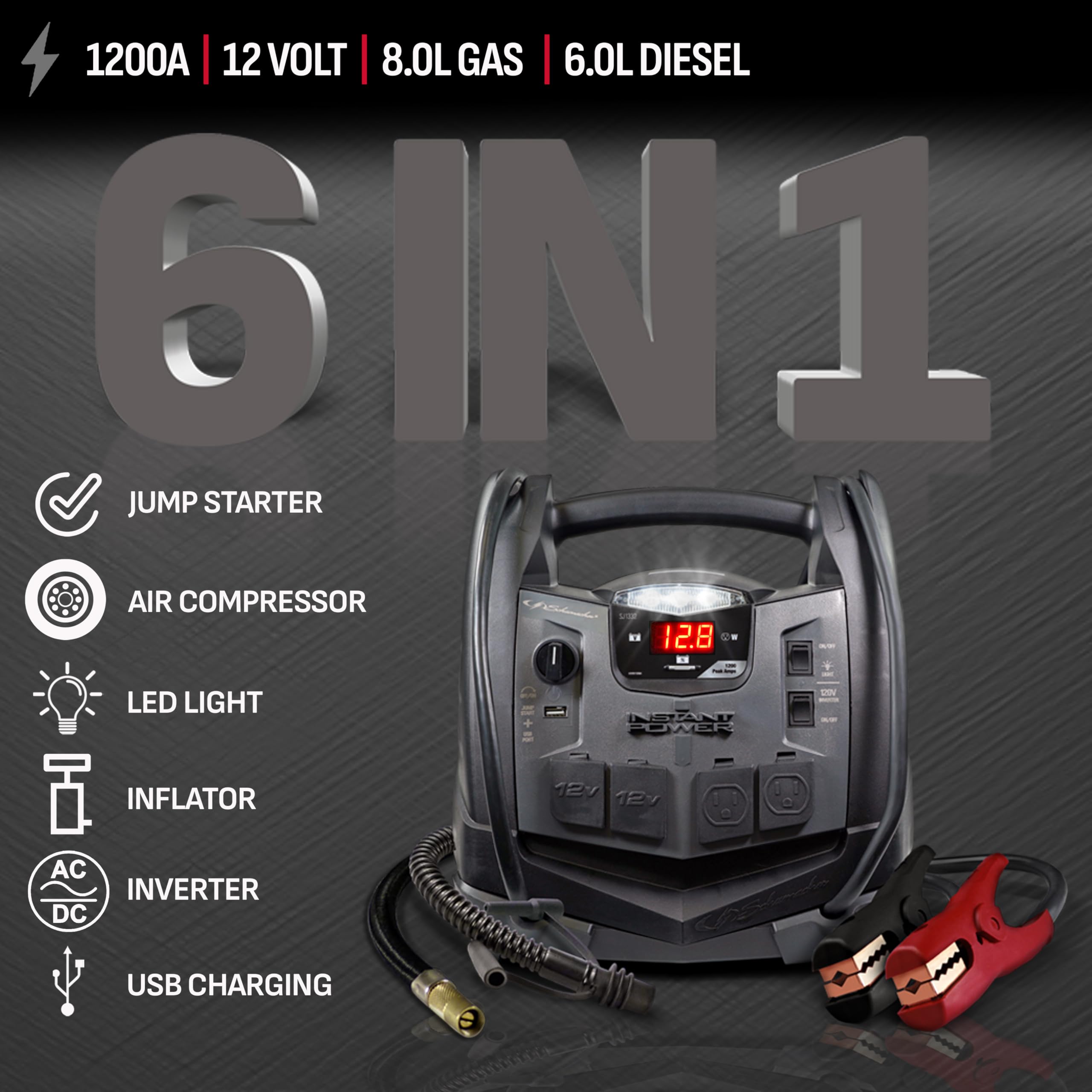 Schumacher SJ1332 power station with 200W inverter for portable electricity.