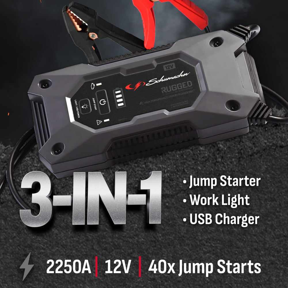 Schumacher SL1654 USB charging port powering a smartphone on the go.