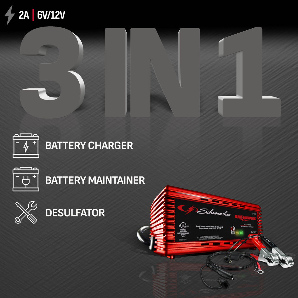 Schumacher SP1296 in operation delivering a steady 2-amp charge