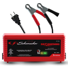Schumacher SP1296 front view of the compact 3-in-1 charger for 6V/12V batteries