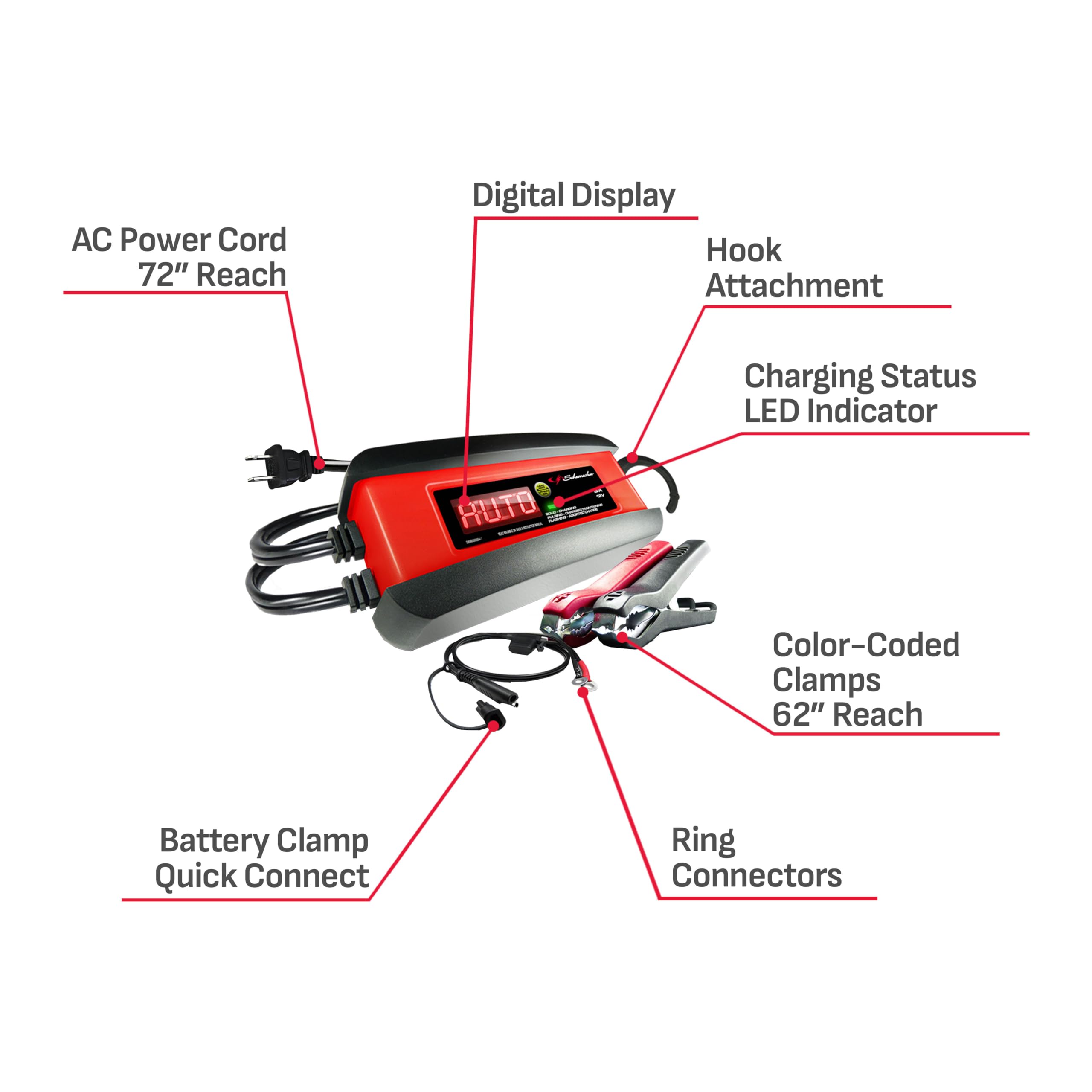 Schumacher SP1297 in use on a motorcycle for 12V charging convenience