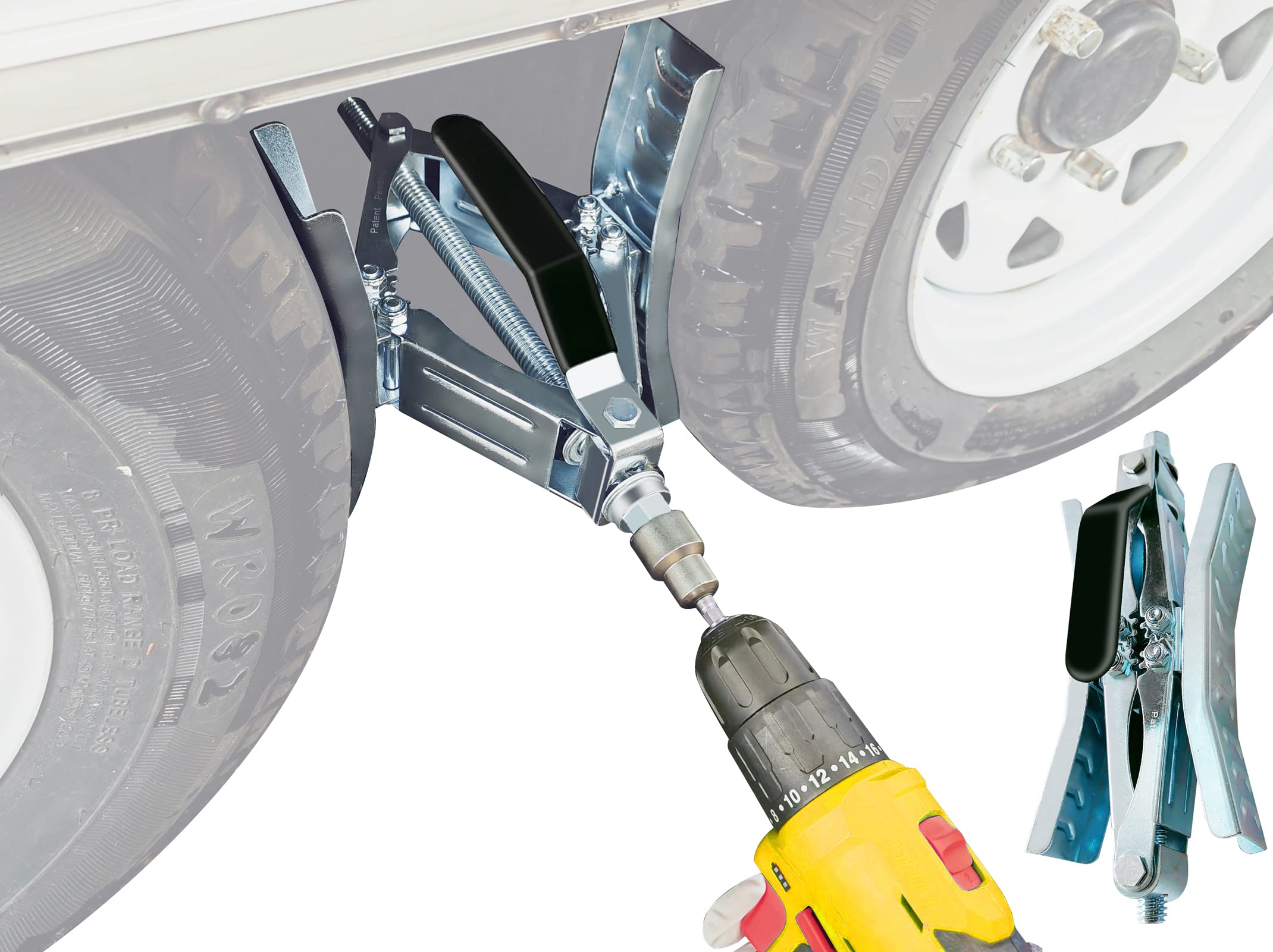 Schumaho Camper Wheel Chock showing fast 3‑second drill installation for RV stability