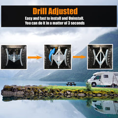 Schumaho RV wheel stabilizer engaged and locked to prevent tire shift.