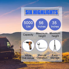 Power drill-ready installation speeds stabilization with Schumaho tripod jack.