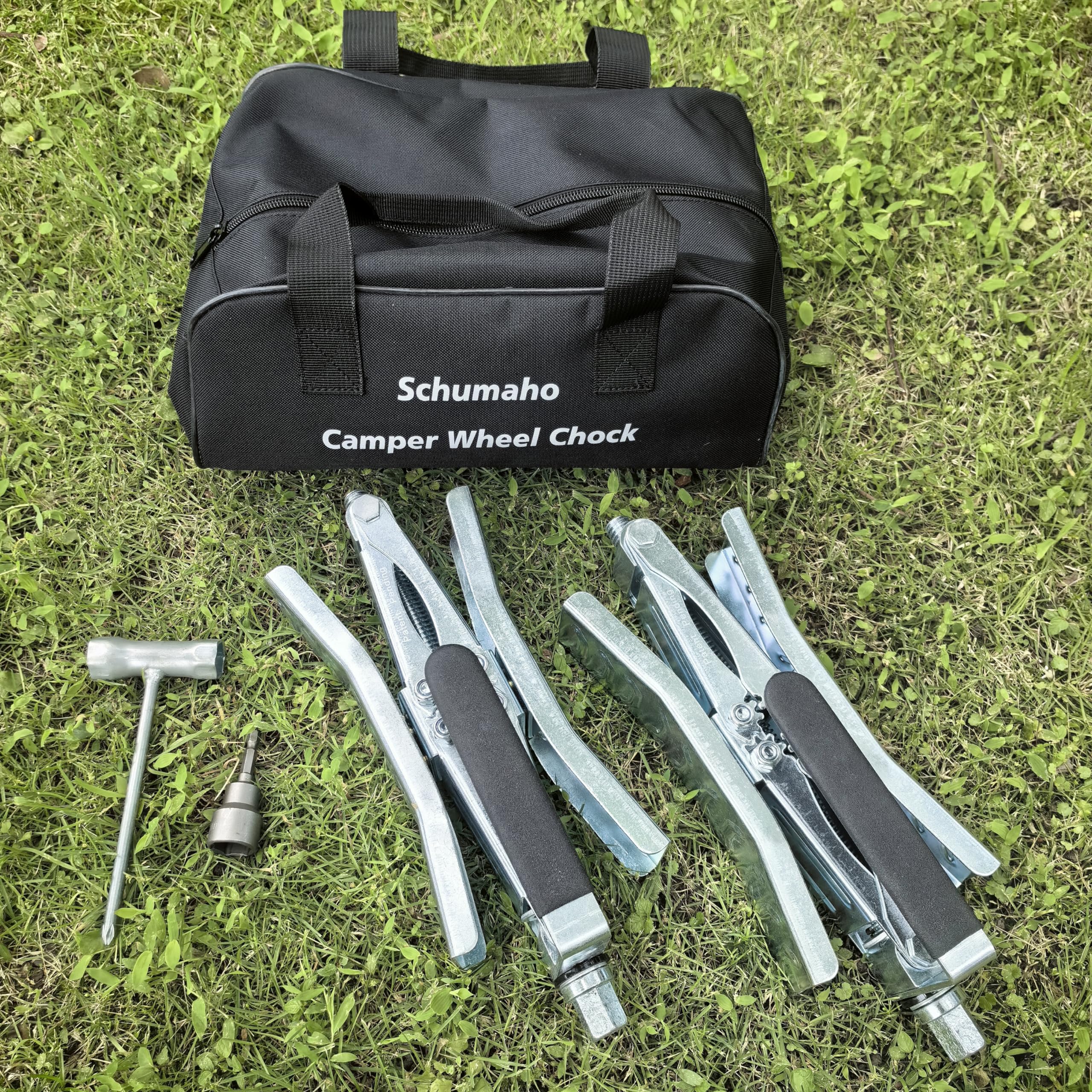 Schumaho universal-fit wheel chock adapts from three to eleven inches.