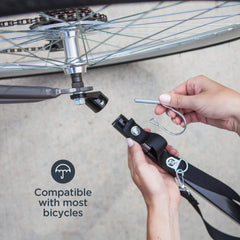 Easy installation with lock washer, plate, and pin ensures a secure mount on most bikes.