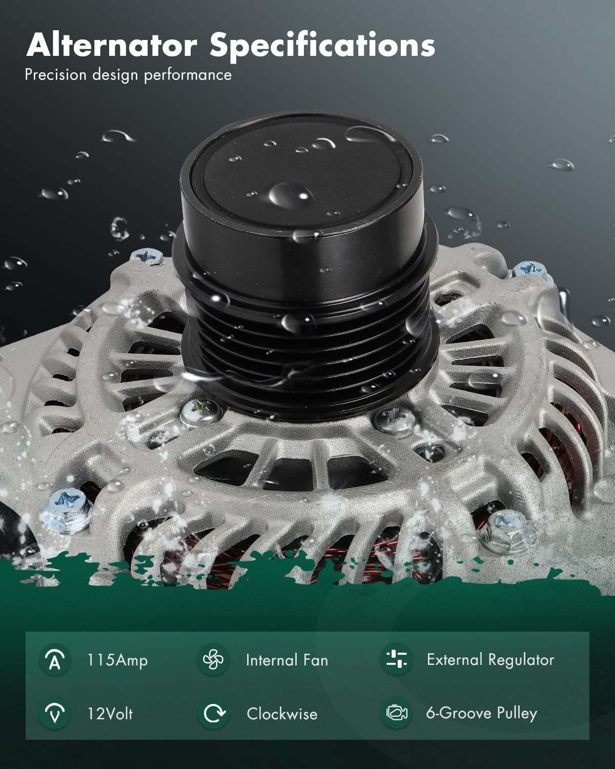 SCITOO alternator side view emphasizes 115A capacity and sturdy mounting