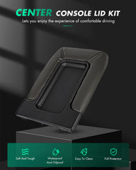 SCITOO Escalade center console lid close-up showing microfiber skin for easy cleaning.