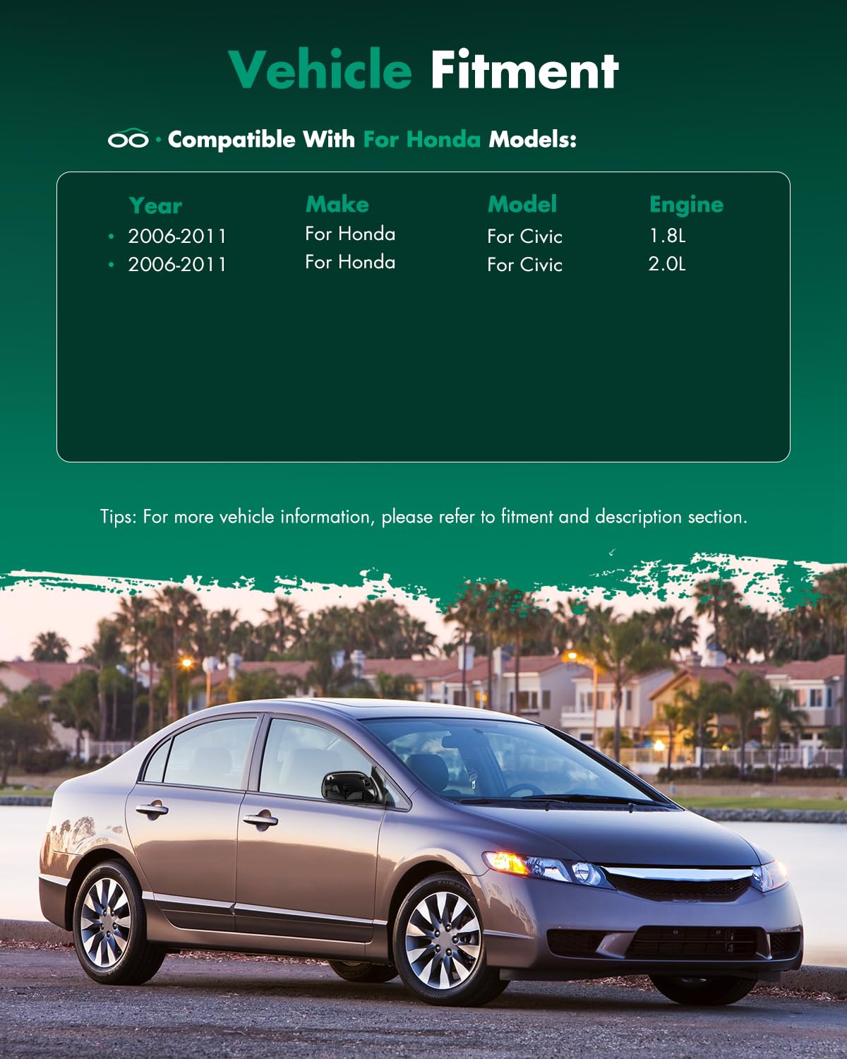 SCITOO Honda Civic mirror emphasizes durable, reliable compatibility notes.