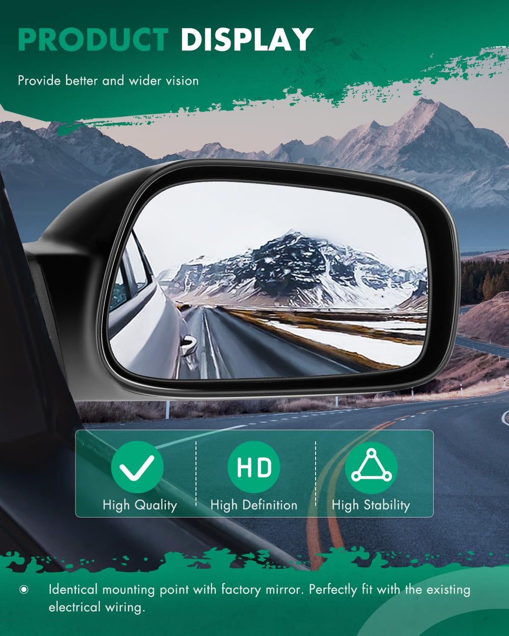 SCITOO Corolla door mirror offers a clear view via factory controls for quick adjustments.