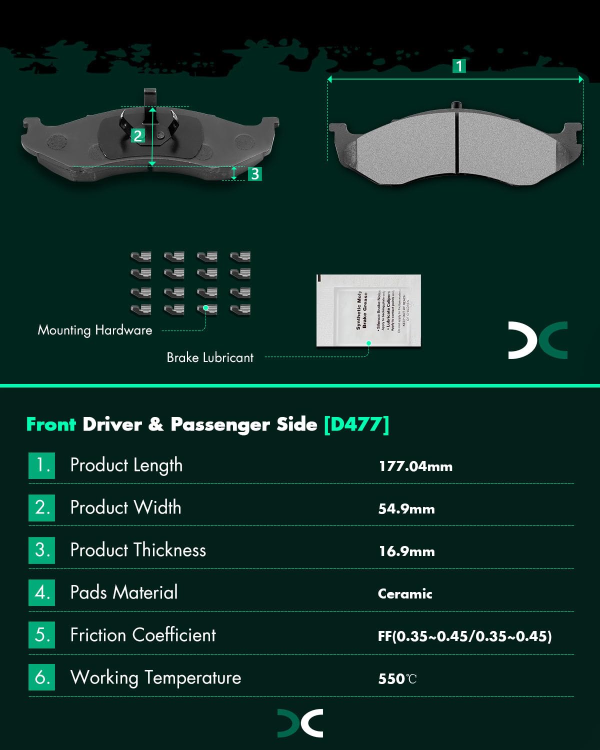 SCITOO D477 front ceramic brake pads for Jeep Cherokee 2.5L, quiet stopping and steady friction