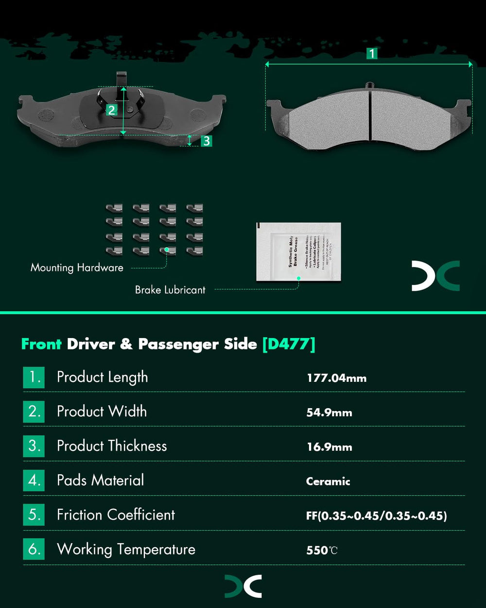 SCITOO D477 front ceramic brake pads for Jeep Cherokee 2.5L, quiet stopping and steady friction