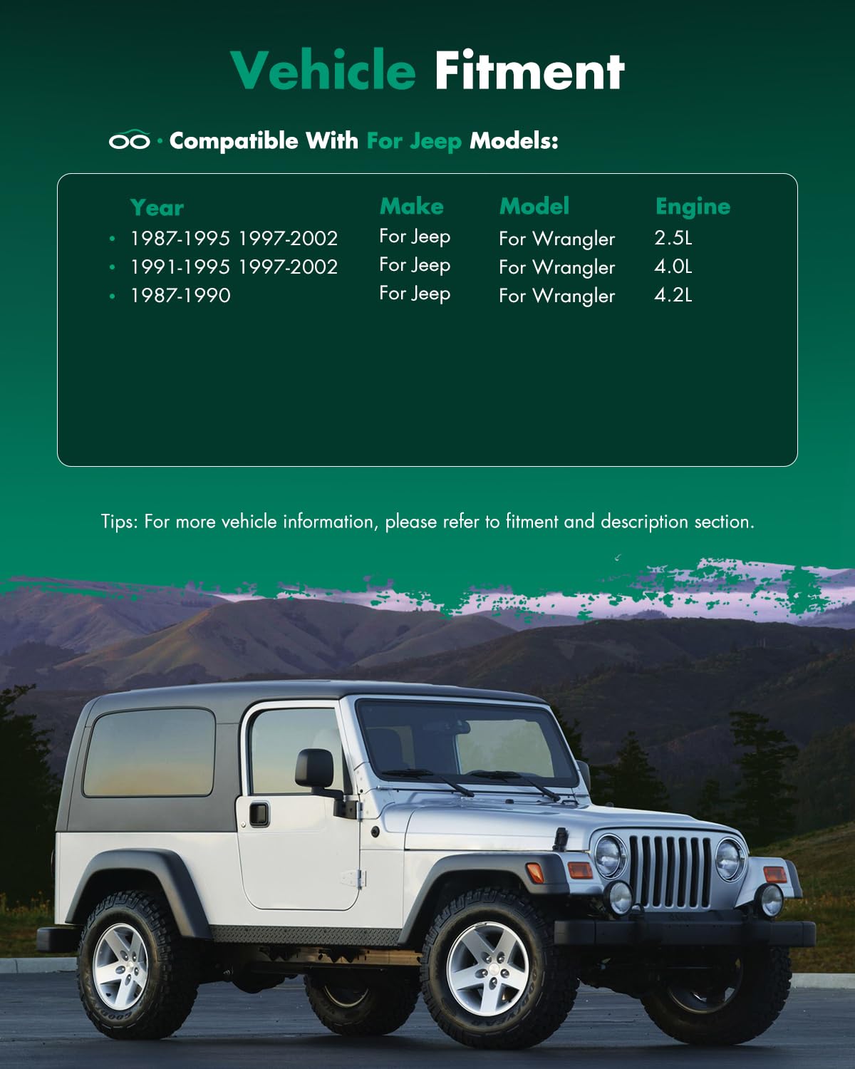 SCITOO Wrangler compatibility for 1995-2002 models with half doors.