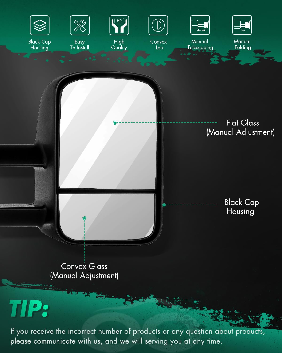 SCITOO tow mirrors right-hand lens for clearer roadside view.